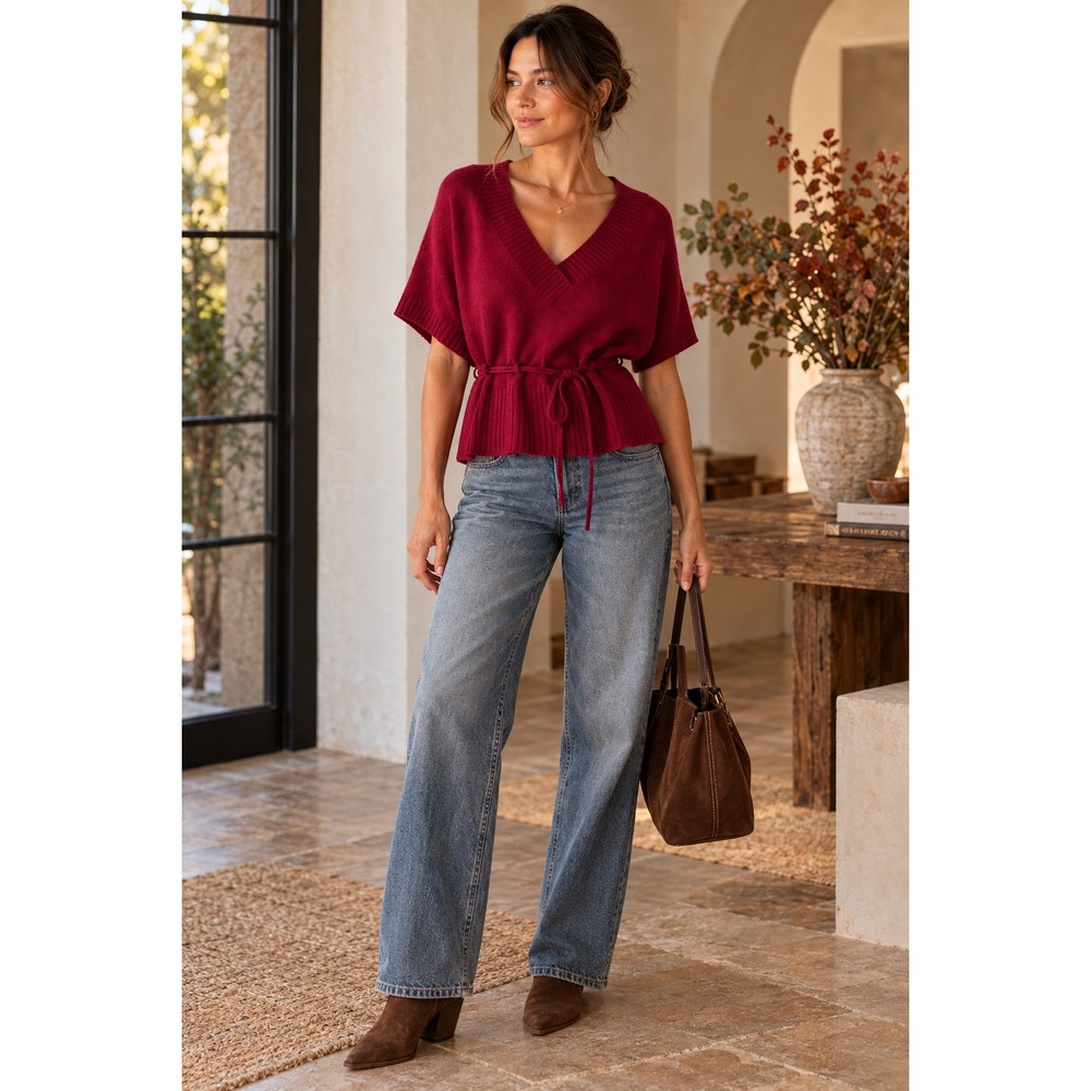 Decree Women's V-Neck Medium Belted Soft Knit Sweater Burgundy Red Office Top